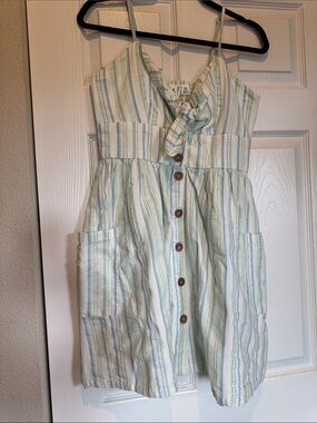 Roxy White Dress with Green & Light Blue Stripes